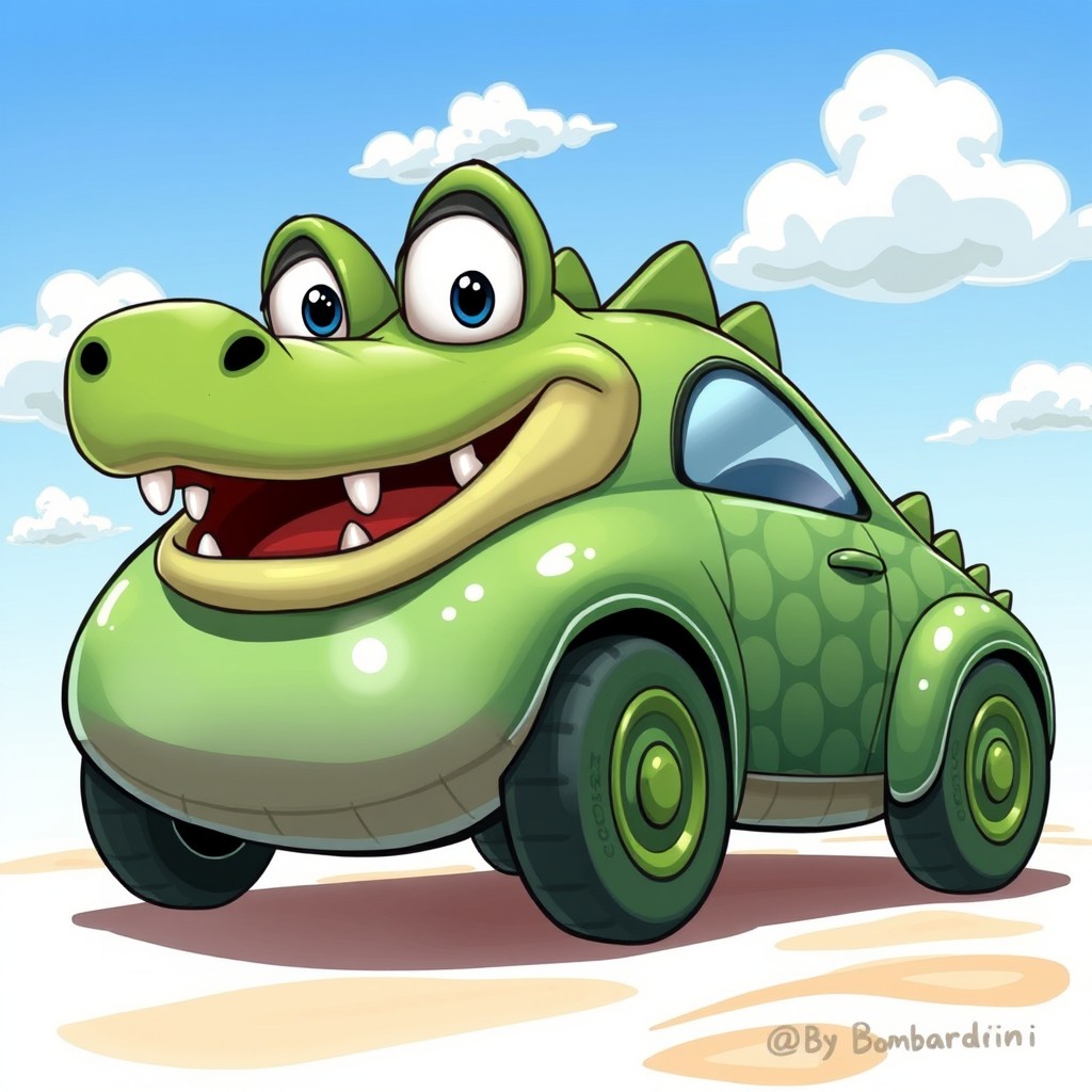 A whimsical and imaginative illustration of a car designed to resemble a crocodile with a face inspired by a cartoonish character named Bombardini