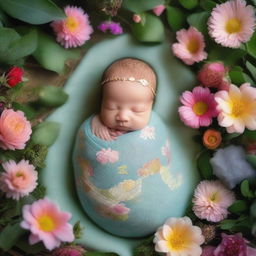 A newborn baby boy in a swaddling cloth, arriving magically in a lush garden world with whimsical plants, colorful flowers, and sparkling fairy dust.