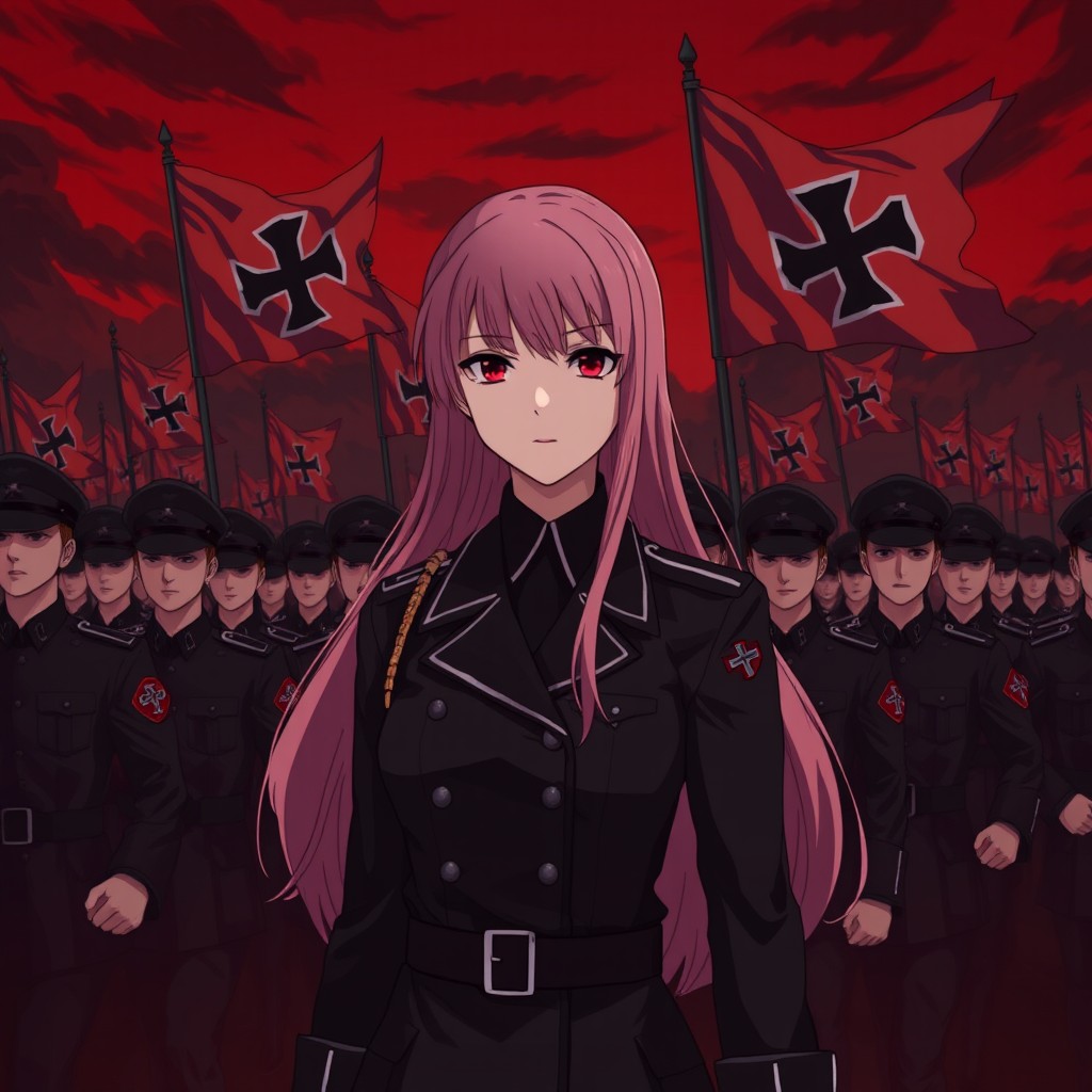 A dark, anime-style image featuring a beautiful young female military officer dressed entirely in black, with long pink hair and dark red eyes that convey a cold, serious demeanor