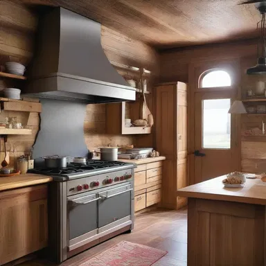 The rustic kitchen design featured a large pot of simmering beef stock on the stove.