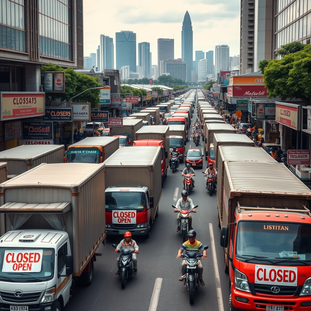 A bustling city scene in Jakarta, Indonesia, showcasing major streets filled with delivery trucks and frustrated workers trying to navigate the gridlock