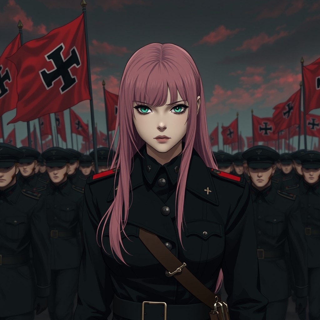 A dark realism and anime style image of a beautiful young female military officer fully dressed in black, with long pink hair and very dark green eyes that stand out with her cold, serious, and dark gaze