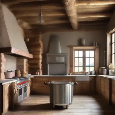 The rustic kitchen design featured a large pot of simmering beef stock on the stove.