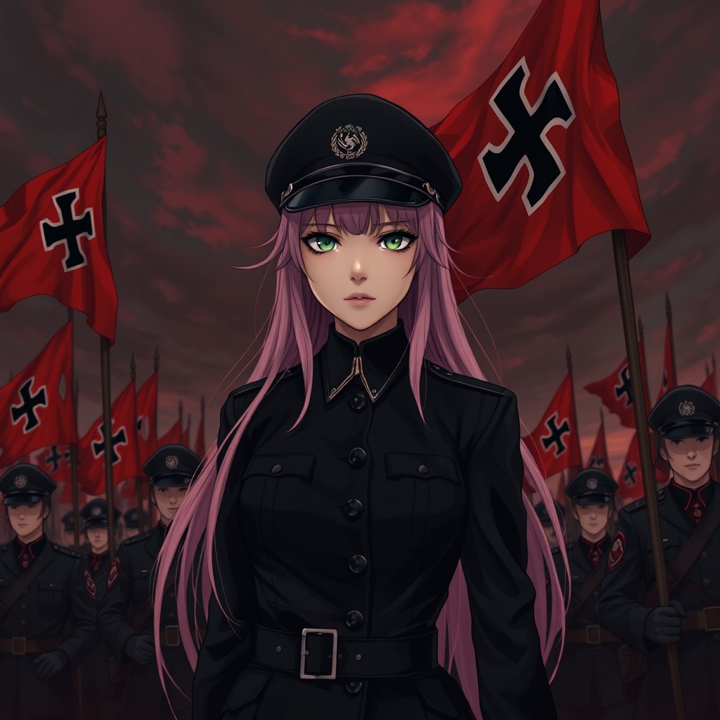 A dark realism and anime style image of a beautiful young female military officer fully dressed in black, with long pink hair and very dark green eyes that stand out with her cold, serious, and dark gaze
