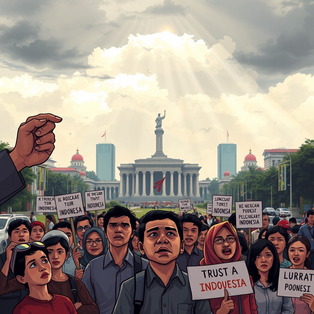 A thought-provoking conceptual illustration representing the political crisis of trust in Indonesia