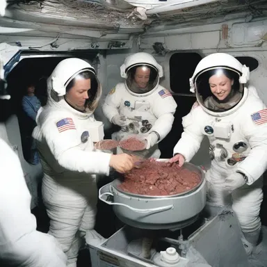 In the futuristic space station, the astronauts rehydrated their space food with beef stock for a taste of home.
