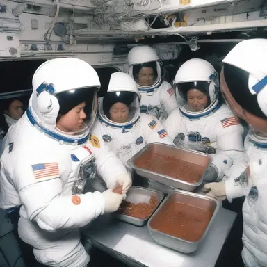 In the futuristic space station, the astronauts rehydrated their space food with beef stock for a taste of home.
