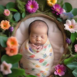 A newborn baby boy in a swaddling cloth, arriving magically in a lush garden world with whimsical plants, colorful flowers, and sparkling fairy dust.