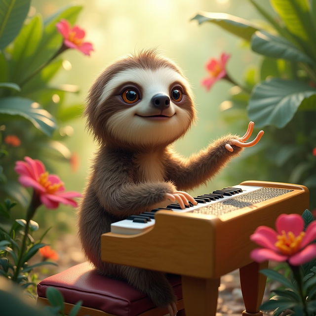 A whimsical scene featuring a sloth sitting on a small, colorful piano, its long, furry arms gracefully hovering over the keyboard