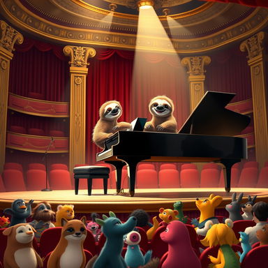 A delightful scene depicting a sloth playing piano on stage in an elegant concert hall