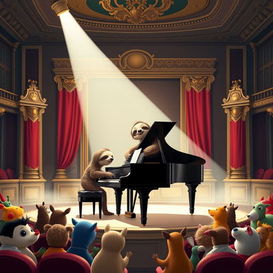 A delightful scene depicting a sloth playing piano on stage in an elegant concert hall