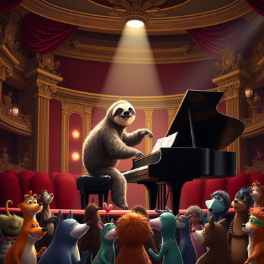 A delightful scene depicting a sloth playing piano on stage in an elegant concert hall