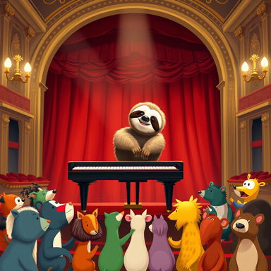 A delightful scene depicting a sloth playing piano on stage in an elegant concert hall