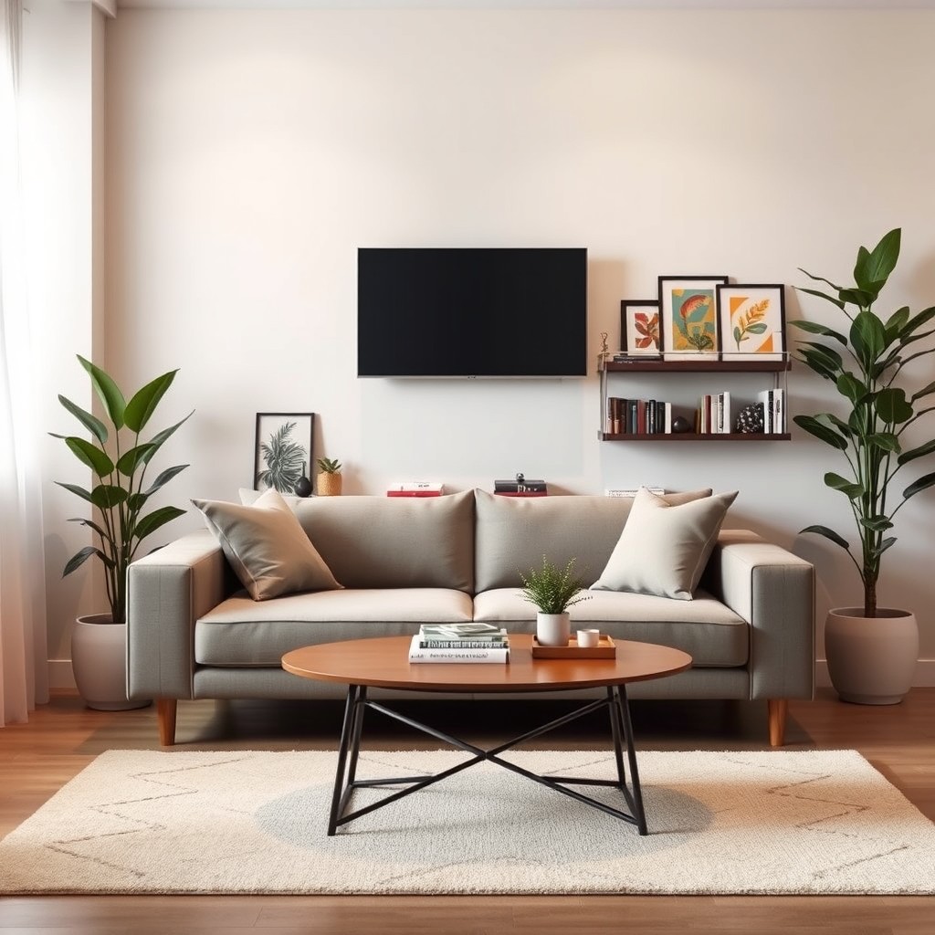 A cozy living room featuring a stylish two-seater sofa with plush cushions and a complementary coffee table