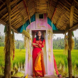 A beautiful Indian teenager girl, dressed in traditional Indonesian farmer's clothing, posing in a bright and beautiful hut in the Indonesian rice fields.