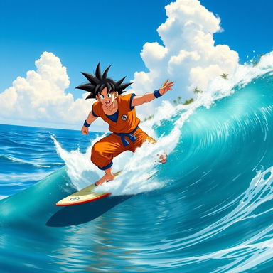An epic scene of Goku surfing a massive wave in an ocean