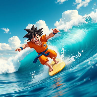 An epic scene of Goku surfing a massive wave in an ocean