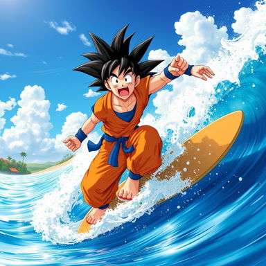 An epic scene of Goku surfing a massive wave in an ocean