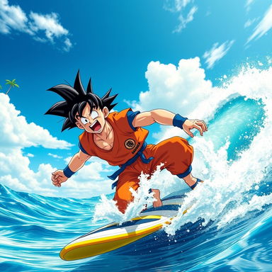 An epic scene of Goku surfing a massive wave in an ocean
