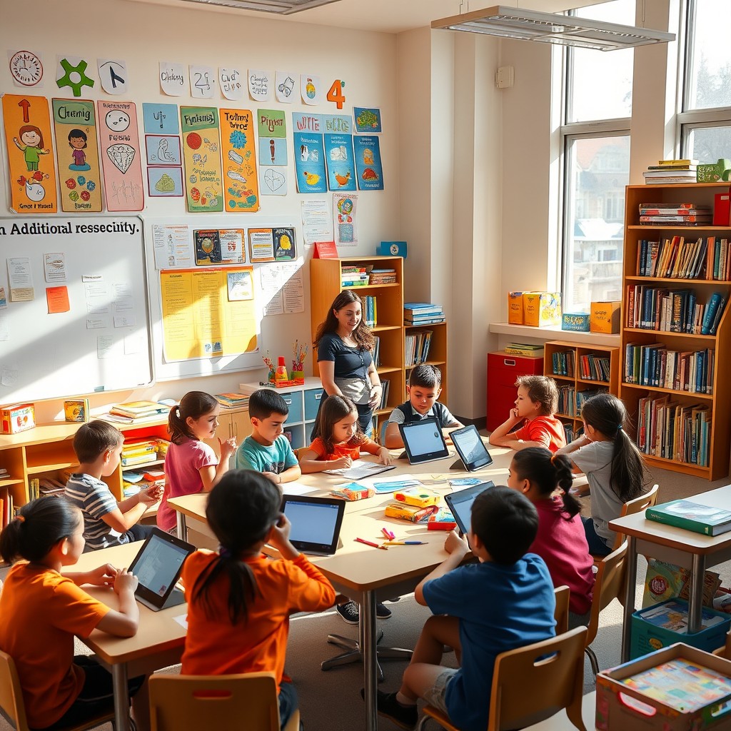 A vibrant classroom scene featuring a variety of additional resources like colorful educational posters on the walls, interactive whiteboards, a variety of bookshelves full of books, educational games on tables, and art supplies scattered throughout