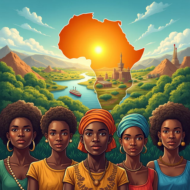 A vibrant representation of Africa showcasing its natural riches, featuring vast mineral reserves, lush biodiversity, and abundant freshwater systems