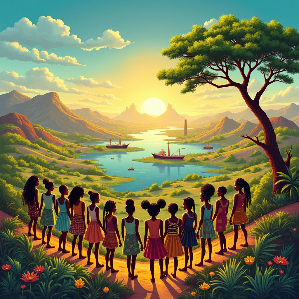 A vibrant representation of Africa showcasing its natural riches, featuring vast mineral reserves, lush biodiversity, and abundant freshwater systems