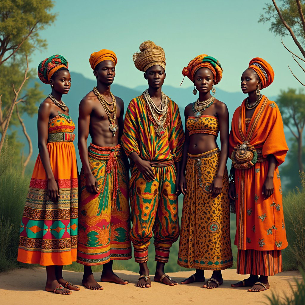 A vibrant scene featuring five individuals representing different African races, each adorned in traditional attire that reflects their unique cultural heritage