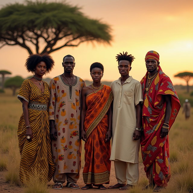 A vibrant scene showcasing five individuals representing the diverse races of Africa: a Black woman dressed in a colorful Kente cloth, an Arab man in traditional jalabiya attire, an Indian woman wearing a beautiful saree, a white man clad in light linen clothing, and a brown-skinned person adorned in a vibrant shuka