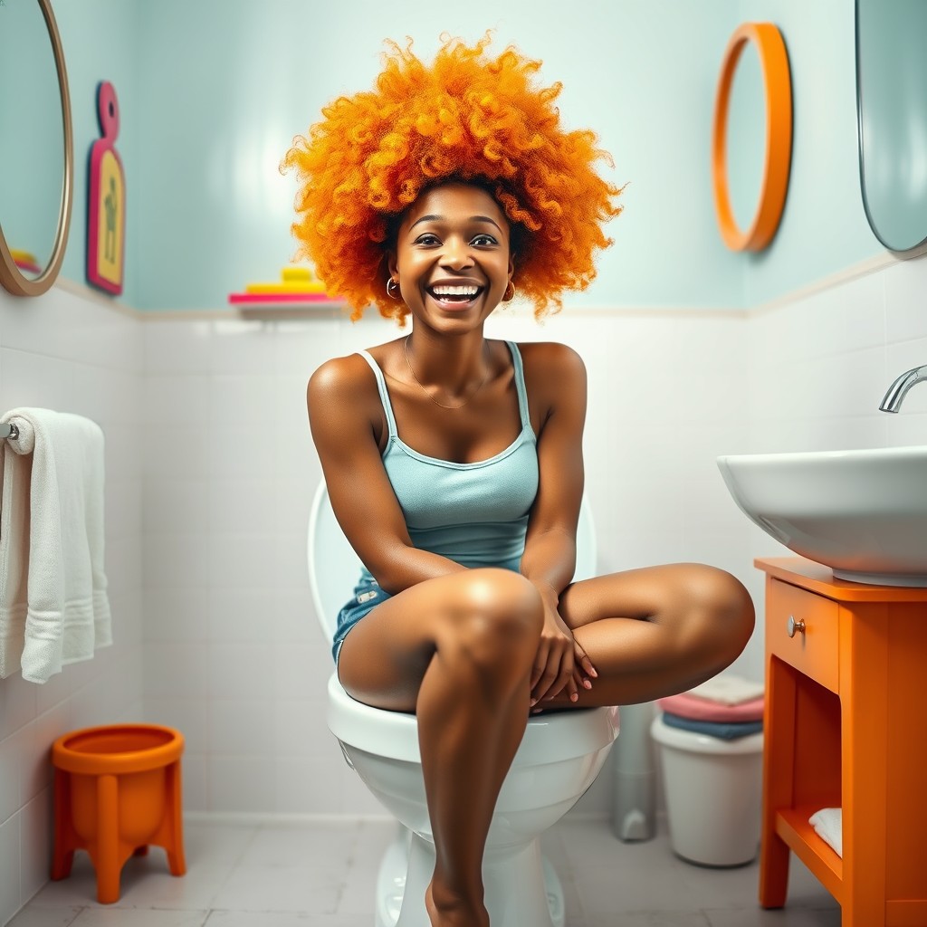 A humorous and lighthearted depiction of a light-skinned African American woman with a vibrant orange afro hairstyle