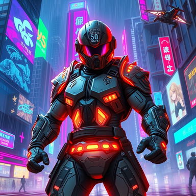 A dynamic, action-packed scene featuring a solo leveling type character in a cyberpunk setting