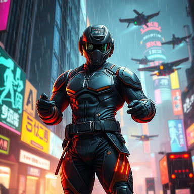 A dynamic, action-packed scene featuring a solo leveling type character in a cyberpunk setting