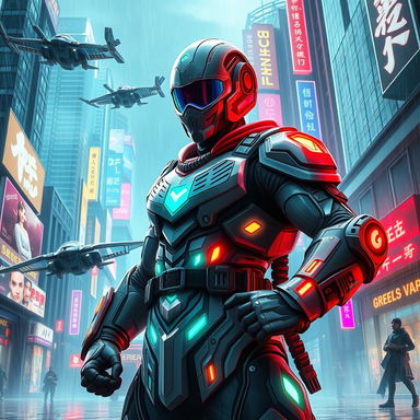 A dynamic, action-packed scene featuring a solo leveling type character in a cyberpunk setting