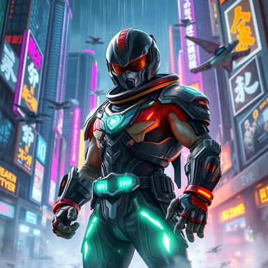 A dynamic, action-packed scene featuring a solo leveling type character in a cyberpunk setting