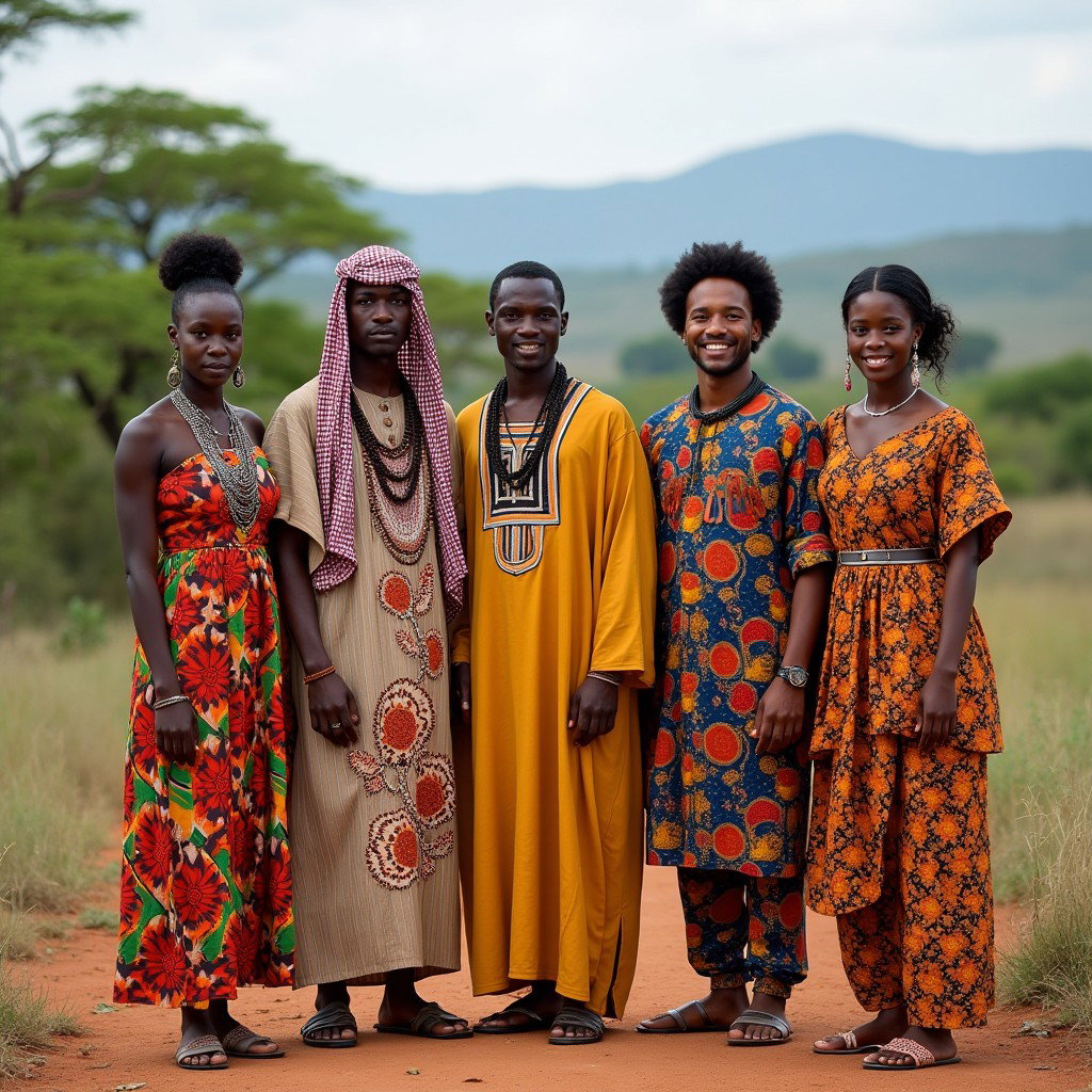 A vibrant scene showcasing a diverse group of five individuals representing different races, all adorned in traditional African attire that reflects their unique cultural backgrounds