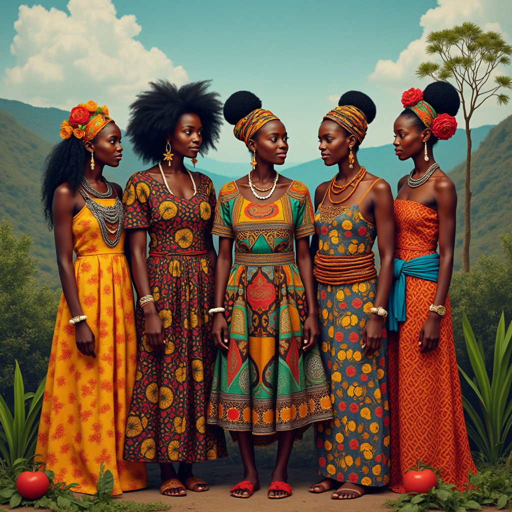 A vibrant scene featuring five individuals representing different African races, each adorned in traditional attire that reflects their unique cultural heritage
