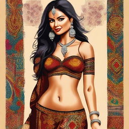 This high-quality digital art portrays an Indian woman dressed in ethnic-inspired lingerie