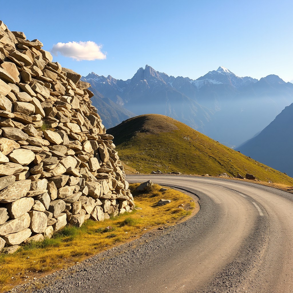 A picturesque mountainous environment featuring a small hill surrounded by majestic mountains in the background