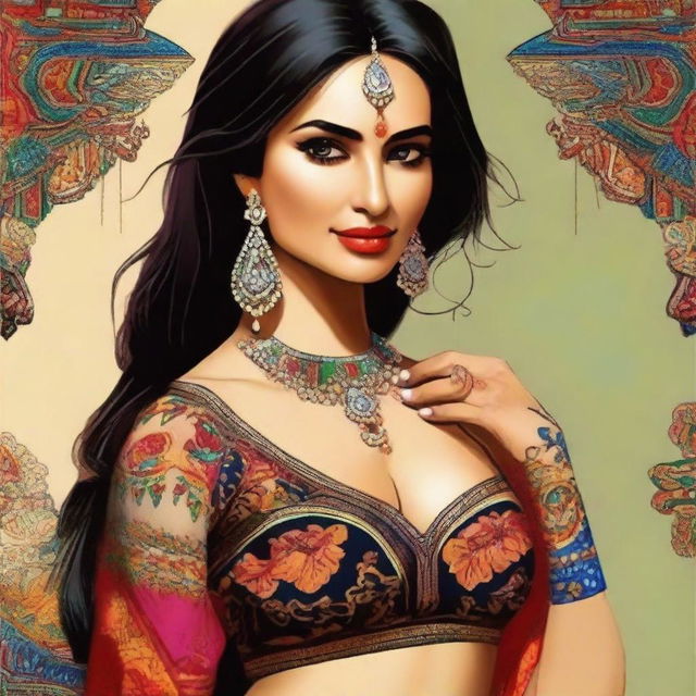 This high-quality digital art portrays an Indian woman dressed in ethnic-inspired lingerie