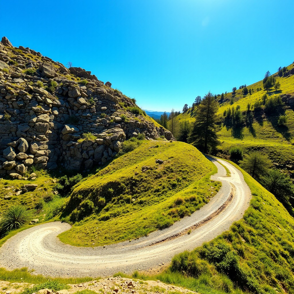 A serene mountainous environment during a sunny summer afternoon at 4 PM