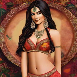 This high-quality digital art portrays an Indian woman dressed in ethnic-inspired lingerie