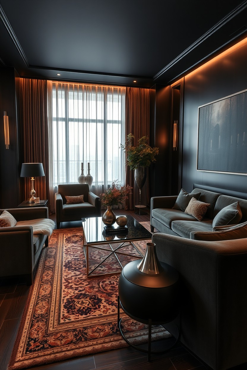 A sleek and luxurious sitting room interior featuring dark tones, opulent textures, and modern furnishings