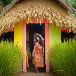 A beautiful Indian teenager girl, dressed in traditional Indonesian farmer's clothing, posing in a bright and beautiful hut in the Indonesian rice fields.