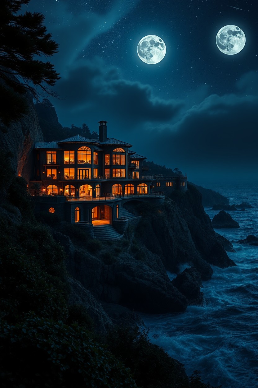 A stunning dark luxury cliffside mansion illuminated at night, featuring grandeur architecture and large glass windows reflecting twinkling stars