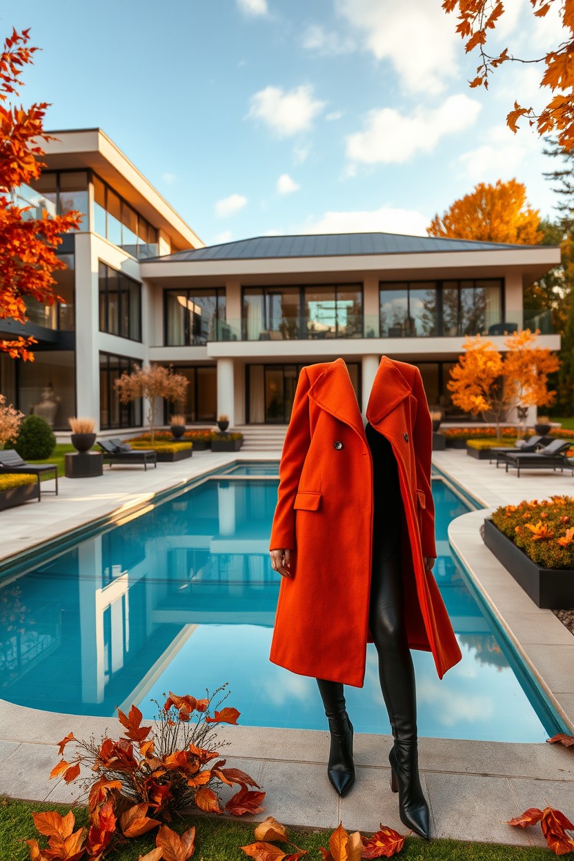 A luxurious estate featuring a modern architectural design with sleek lines and large glass windows