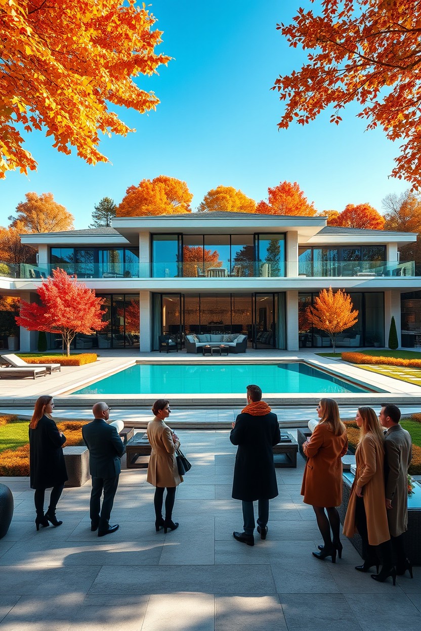 A luxurious estate set in an opulent landscape, showcasing a sleek modern design with clean lines and expansive glass windows