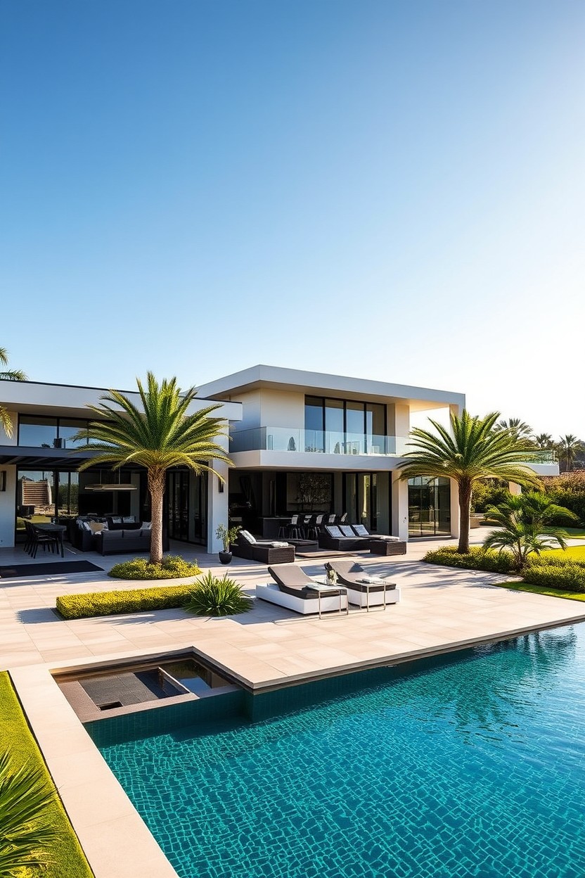 A sleek and modern luxury estate showcasing an elite lifestyle, set against a serene backdrop with a clear blue sky