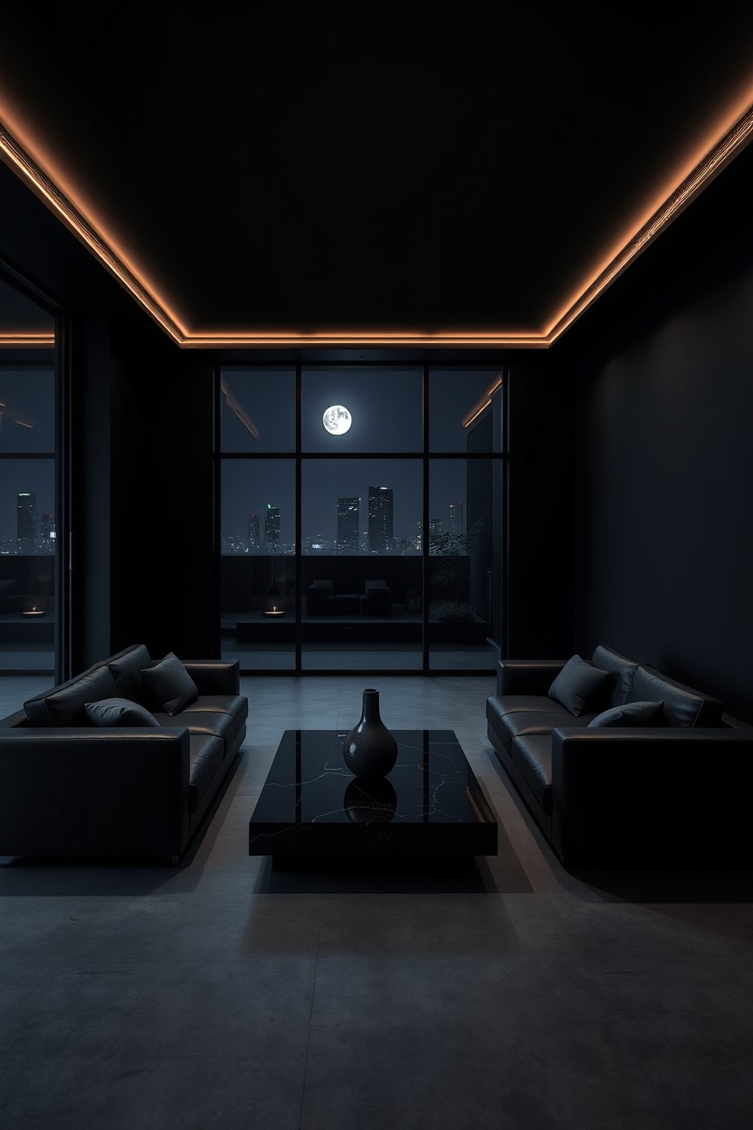 A sleek, black minimalist interior sitting room designed for nighttime elegance
