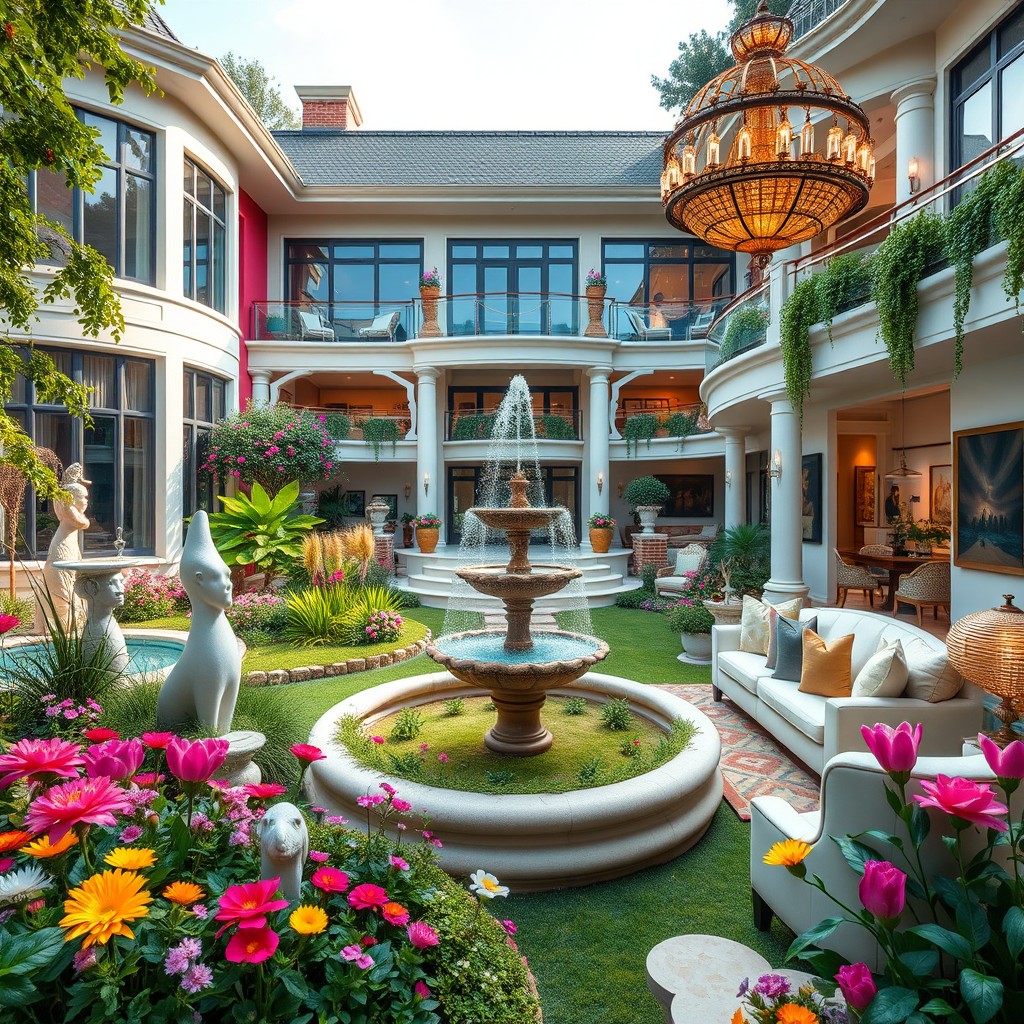 An extravagant mansion designed to embody the vibrant personality traits of a person born in March, featuring a lush garden filled with blooming flowers, a sparkling fountain, and artistic sculptures