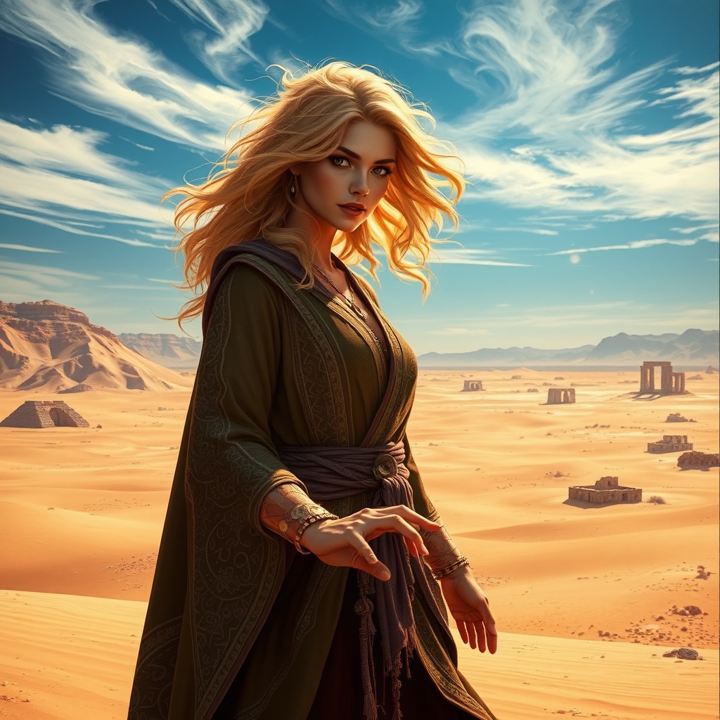A striking female sorcerer with dirty blonde hair and a glowing aura, standing confidently in a vast desert landscape