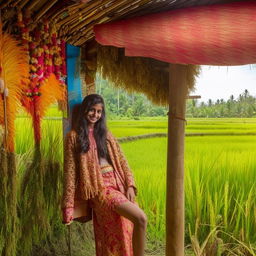 A beautiful Indian teenager girl, dressed in traditional Indonesian farmer's clothing, posing in a bright and beautiful hut in the Indonesian rice fields.